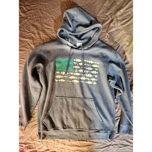 Columbia Hoodie Men’s Large Gray Fishing Fish Flag Graphic Fleece Sweatshirt PFG